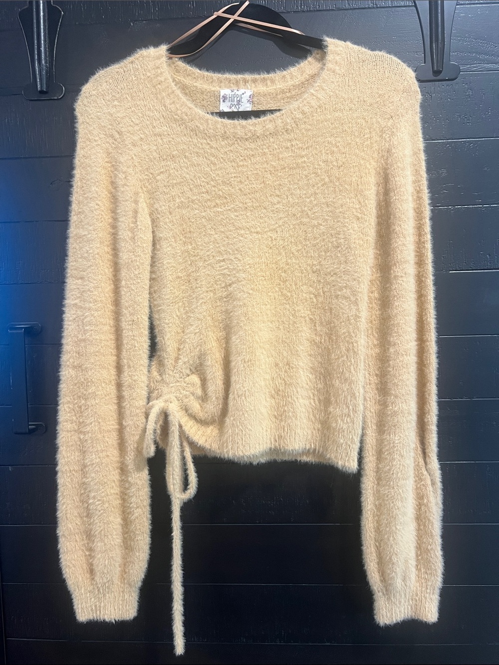 Hippie Rose Cream Fuzzy Crewneck Sweater with Side Tie
